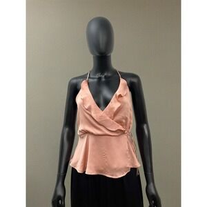 Rebecca Taylor Pink‎ Wrap Halter Top Blouse Small Ruffle Peplum Satin Look